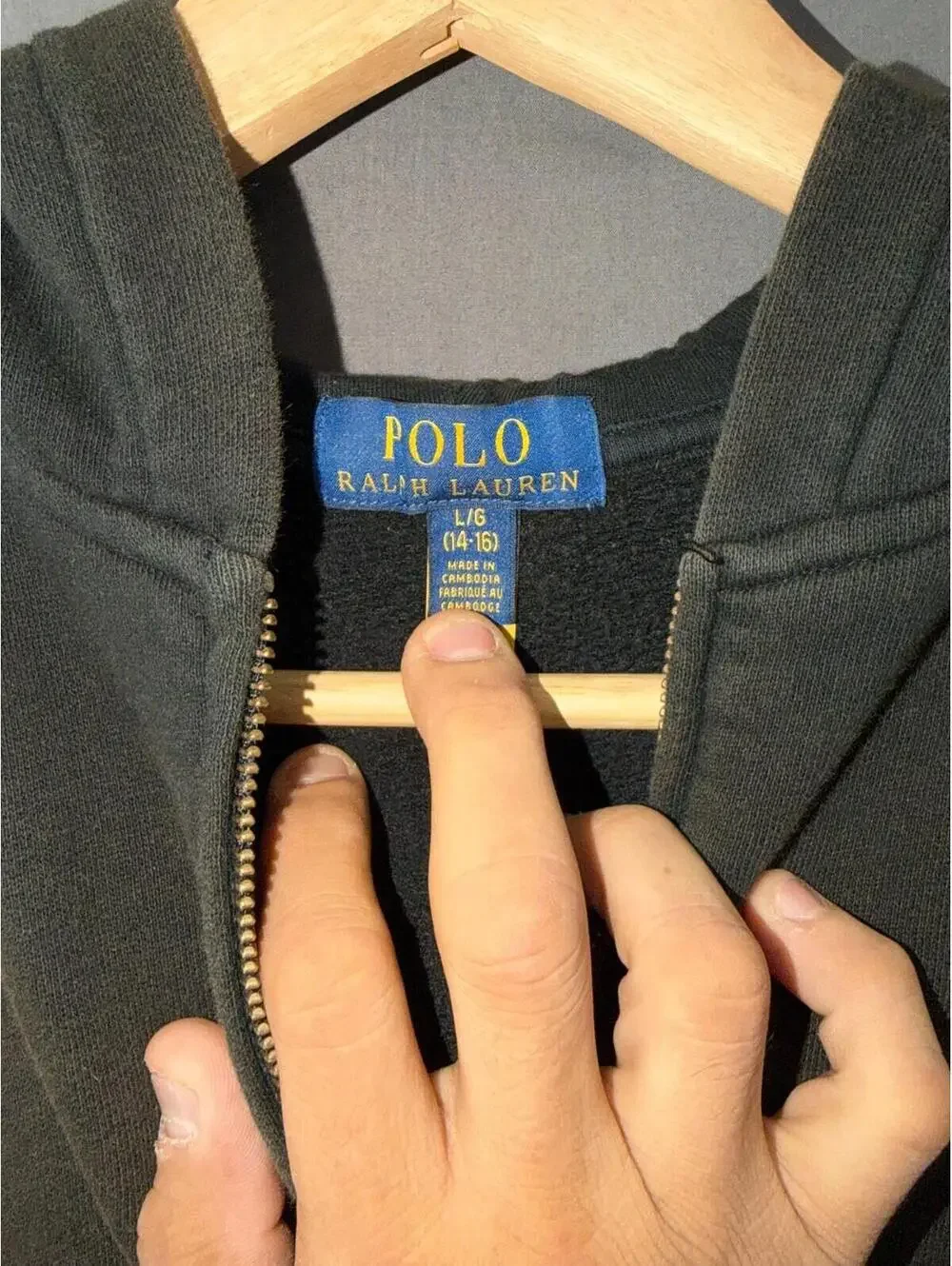 Polo Ralph Lauren Youth L 14-16 Full Zip Hoodie Black Sun Faded Distressed Grung